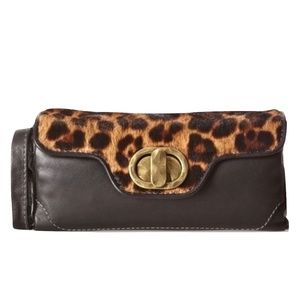 49 SQUARE MILES Leather Calf Pony Hair Leopard Print Wristlet Clutch Handbag